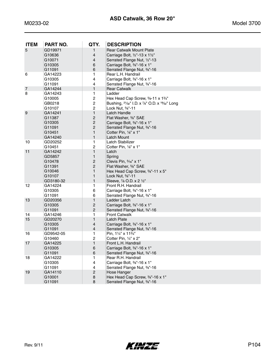 Asd catwalk, 36 row 20, P104 | Kinze 3700 Front Folding Planter Rev. 6/14 User Manual | Page 107 / 284