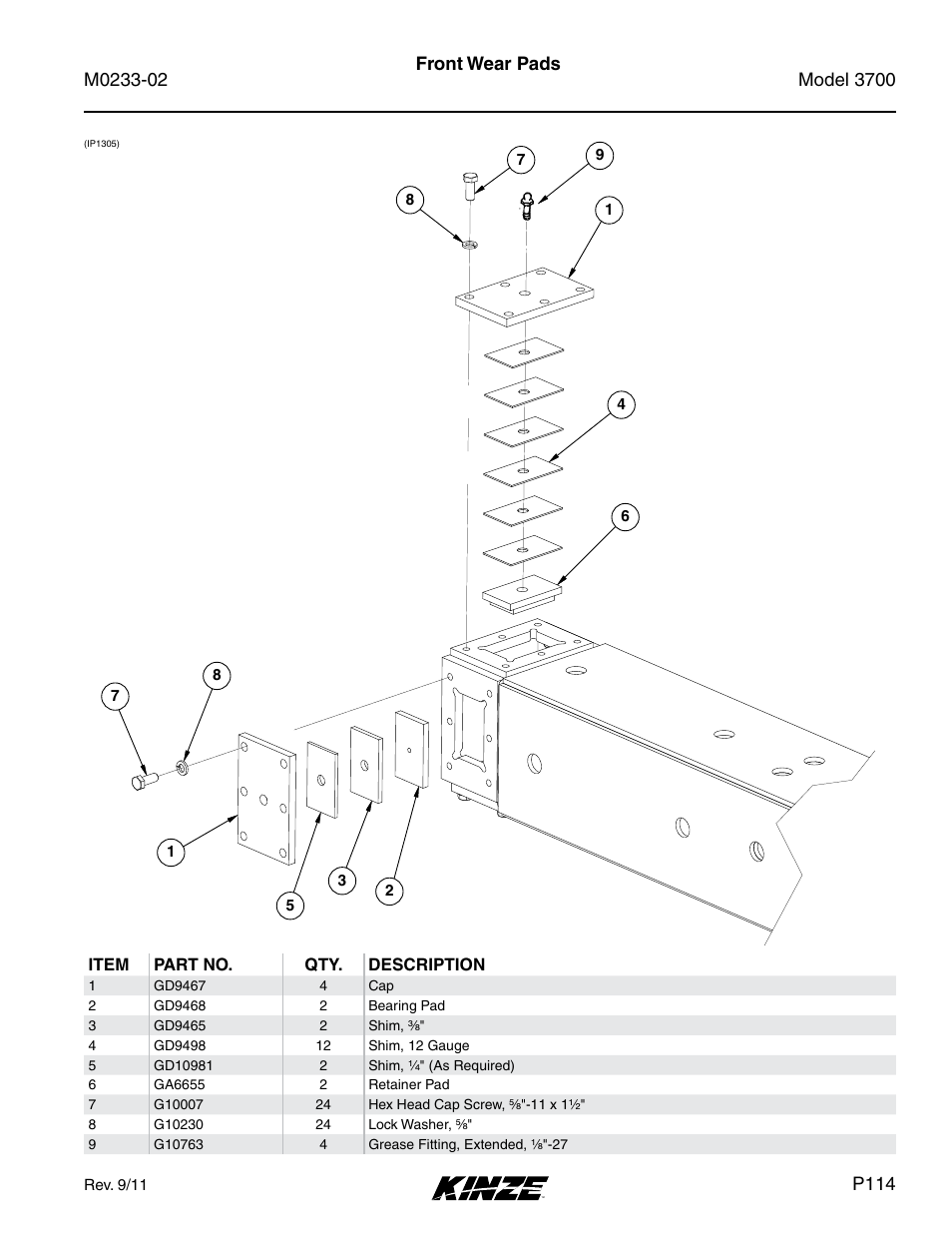 Front wear pads, P114 | Kinze 3700 Front Folding Planter Rev. 6/14 User Manual | Page 117 / 284