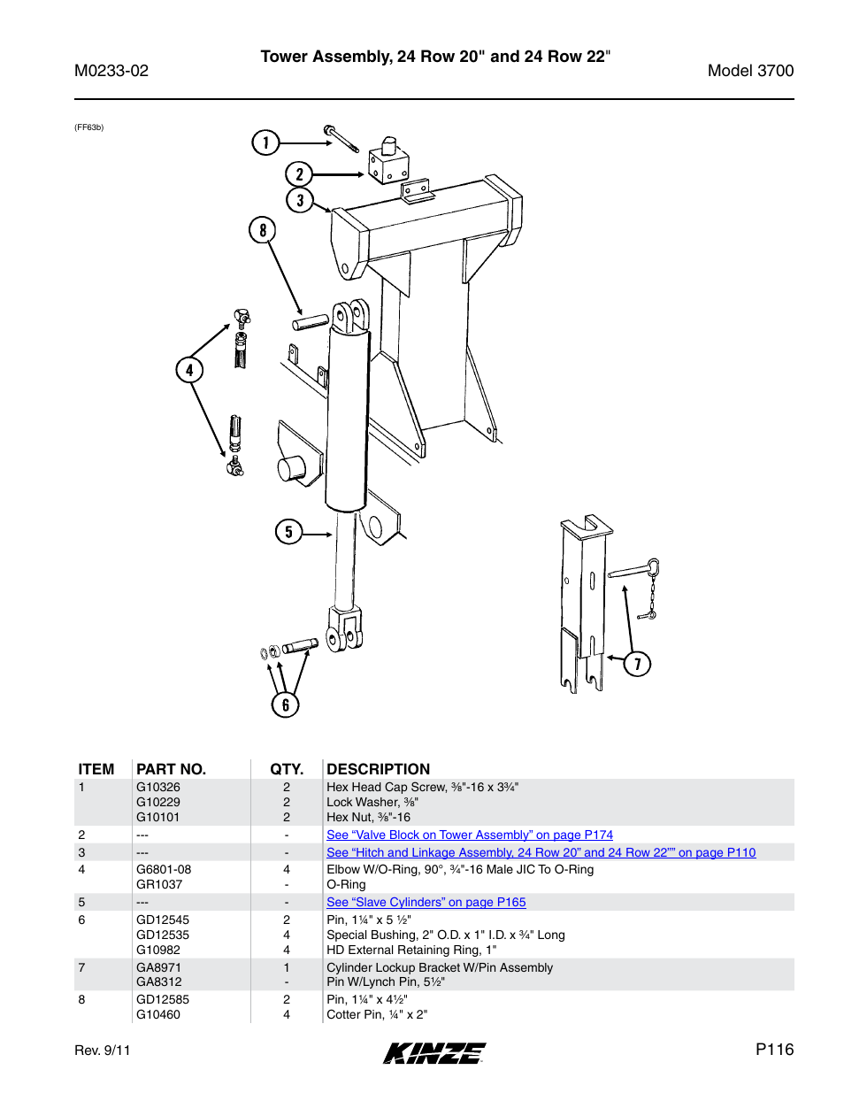 Tower assembly, 24 row 20" and 24 row 22, P116 | Kinze 3700 Front Folding Planter Rev. 6/14 User Manual | Page 119 / 284