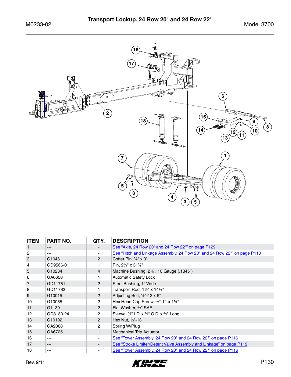 Transport lockup, 24 row 20" and 24 row 22, P130 | Kinze 3700 Front Folding Planter Rev. 6/14 User Manual | Page 133 / 284