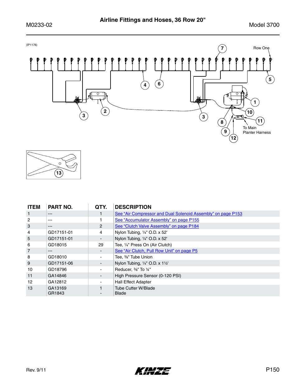 Airline fittings and hoses, 36 row 20, P150 | Kinze 3700 Front Folding Planter Rev. 6/14 User Manual | Page 153 / 284
