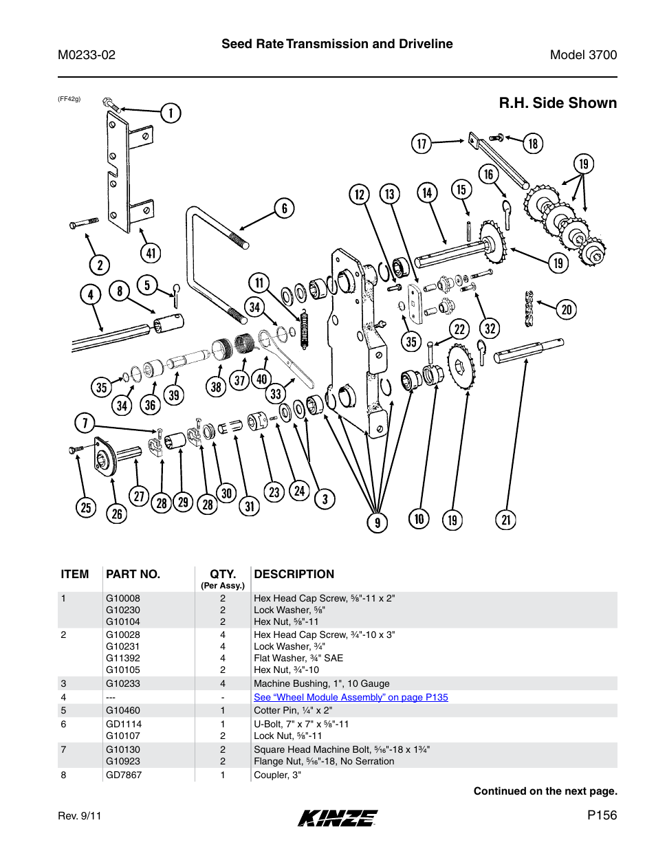 Seed rate transmission and driveline, R.h. side shown, P156 | Kinze 3700 Front Folding Planter Rev. 6/14 User Manual | Page 159 / 284