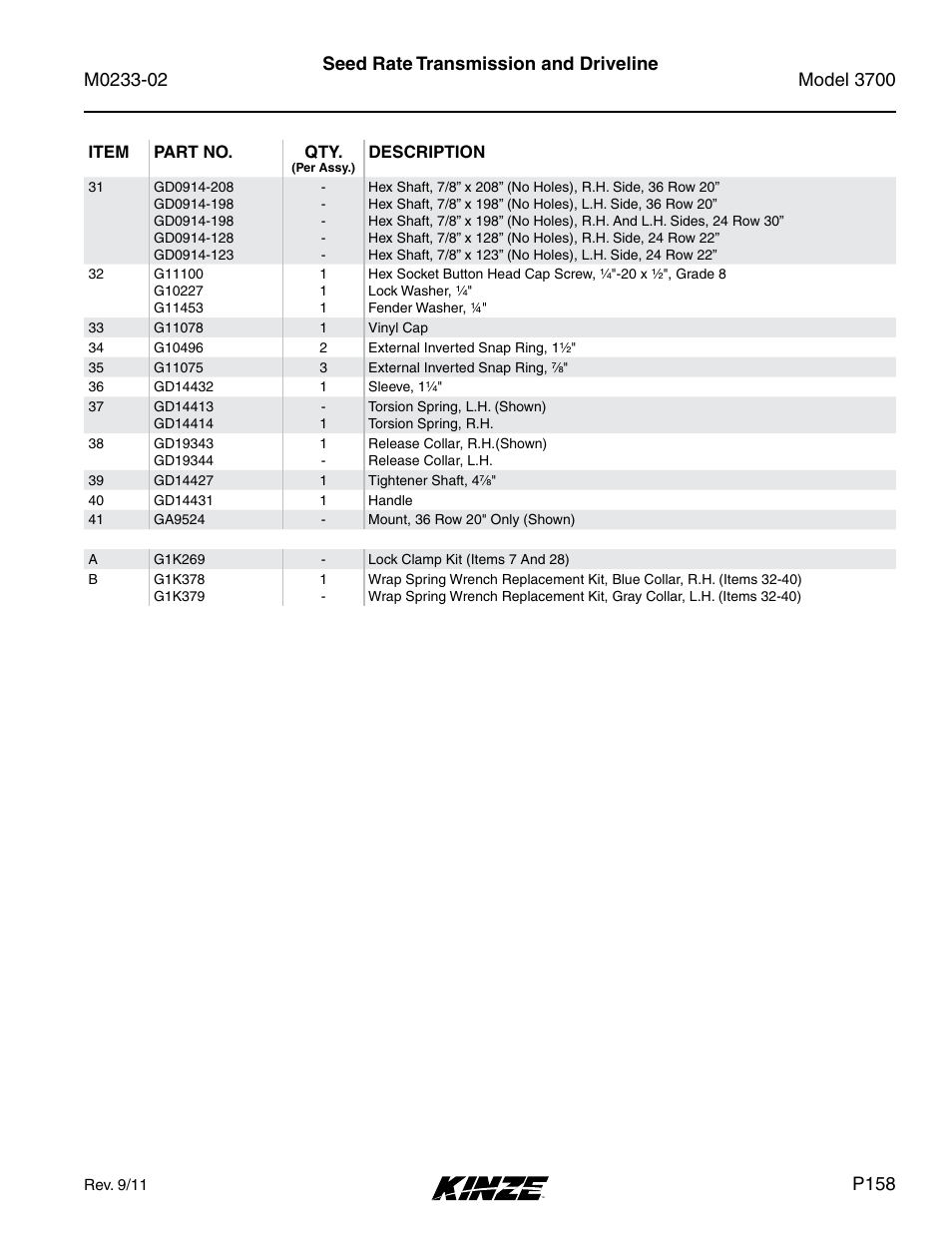 Seed rate transmission and driveline, P158 | Kinze 3700 Front Folding Planter Rev. 6/14 User Manual | Page 161 / 284