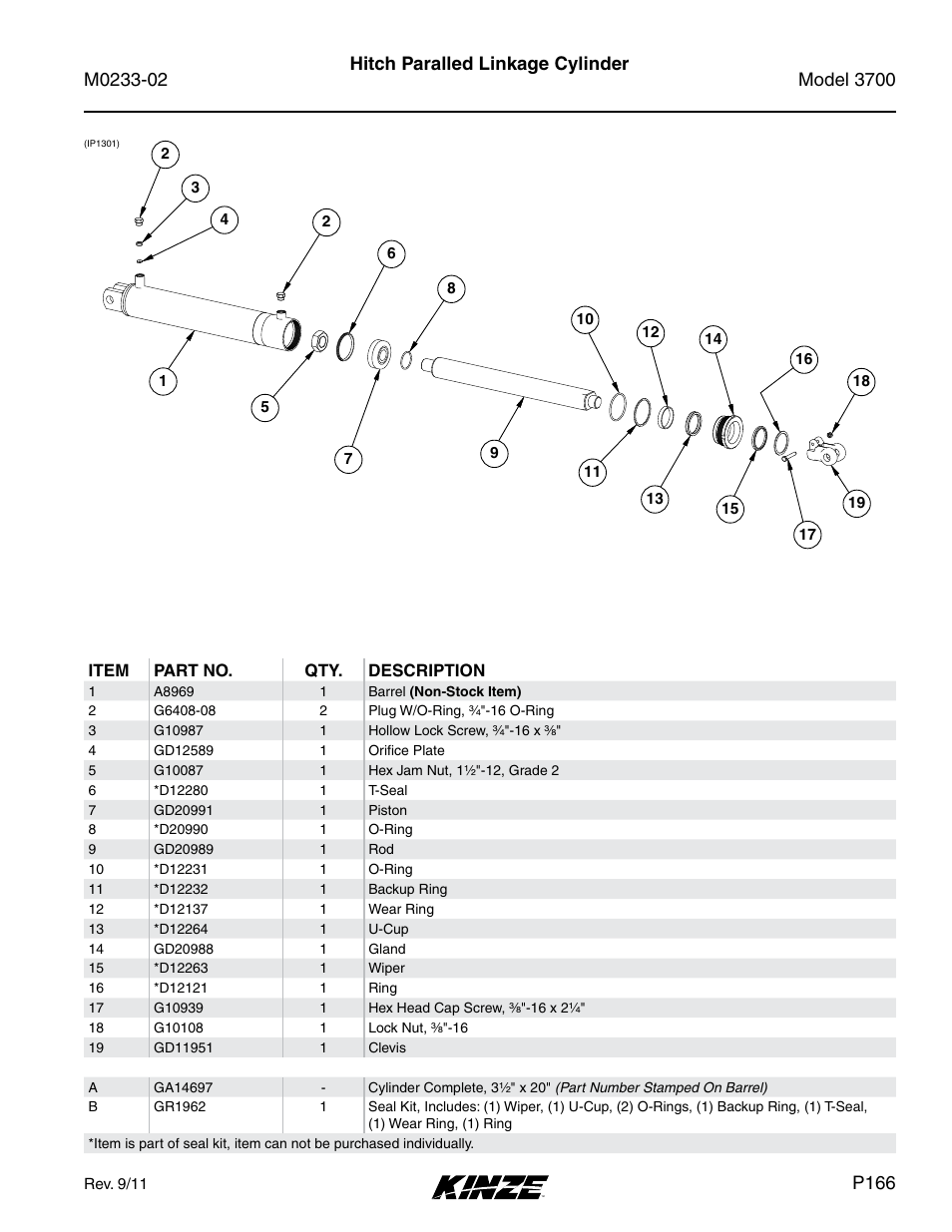Hitch paralled linkage cylinder, P166 | Kinze 3700 Front Folding Planter Rev. 6/14 User Manual | Page 169 / 284