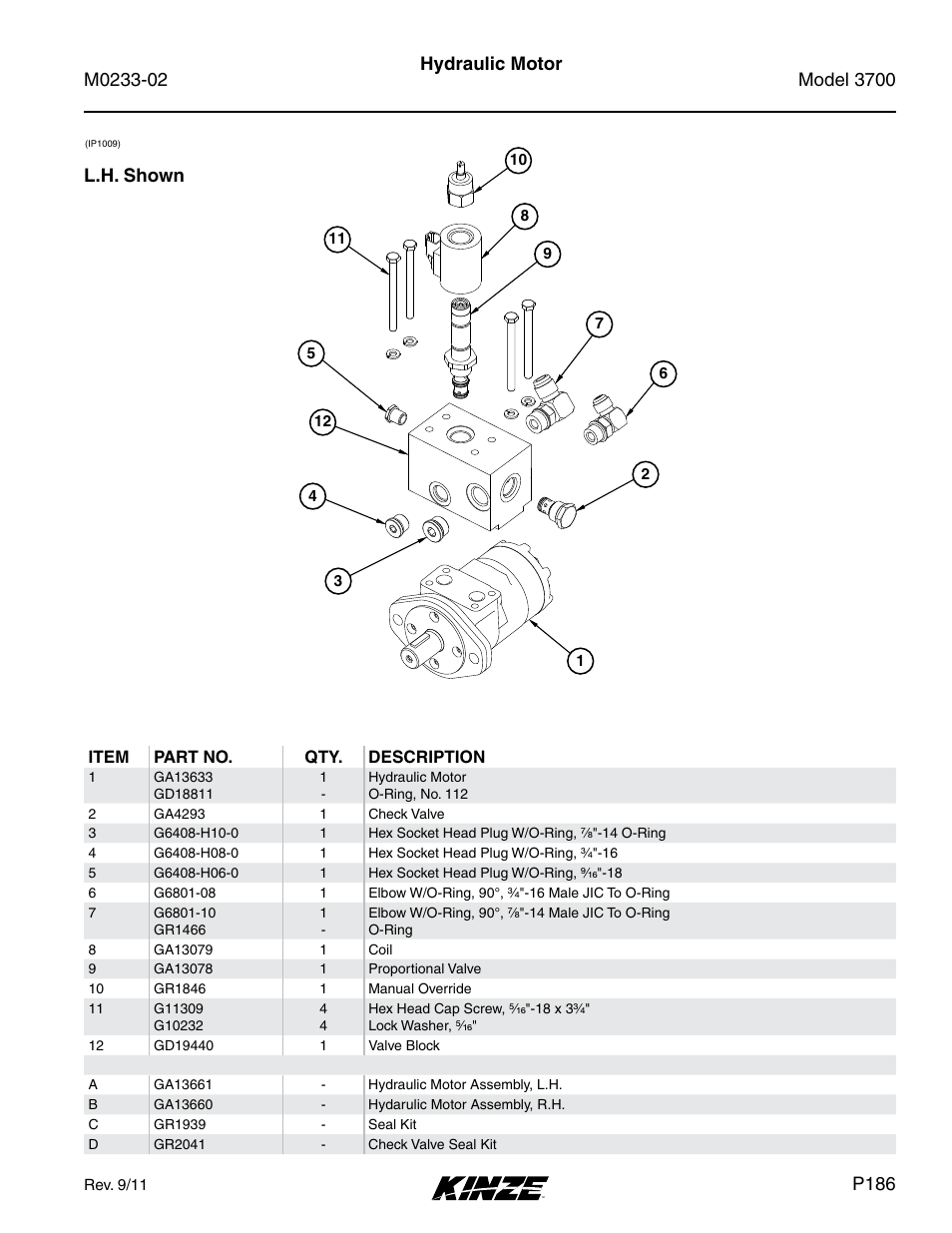Hydraulic motor, P186, Item part no. qty. description | Kinze 3700 Front Folding Planter Rev. 6/14 User Manual | Page 189 / 284