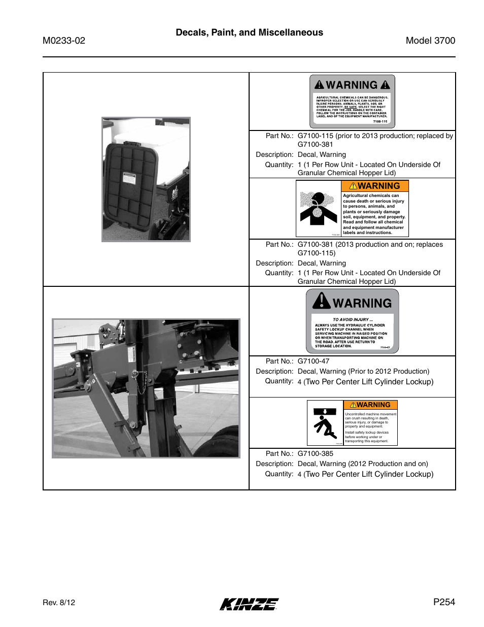 P254, Warning, Two per center lift cylinder lockup) | Rev. 8/12 | Kinze 3700 Front Folding Planter Rev. 6/14 User Manual | Page 257 / 284