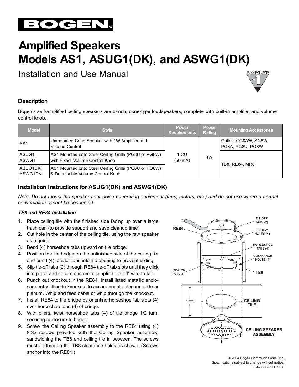 Bogen ASWG1DK User Manual | 2 pages