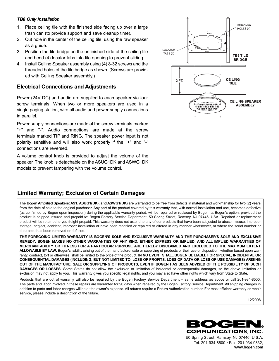 Electrical connections and adjustments, Limited warranty; exclusion of certain damages | Bogen ASWG1DK User Manual | Page 2 / 2