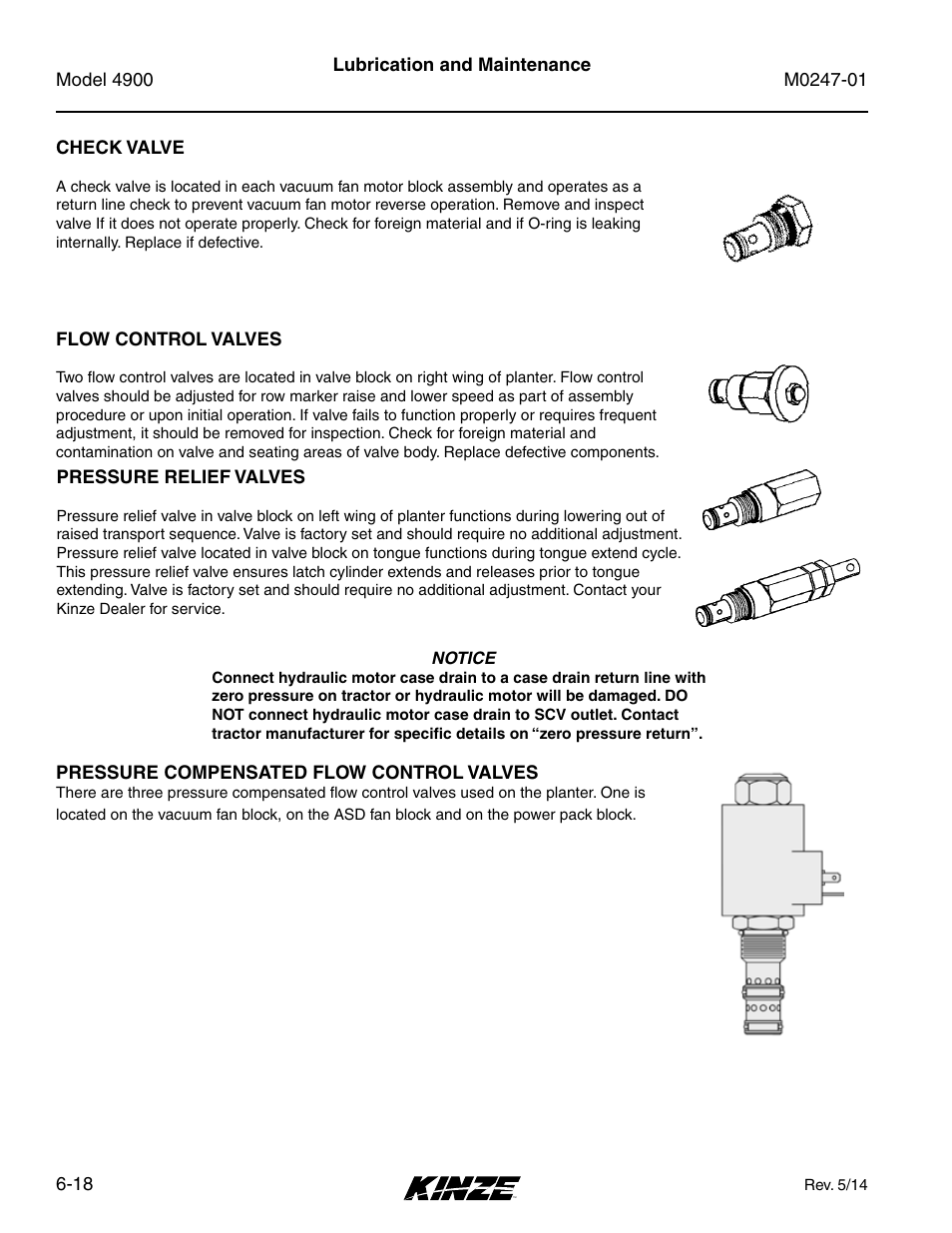 Check valve, Flow control valves, Pressure relief valves | Pressure compensated flow control valves, Check valve -18, Flow control valves -18, Pressure relief valves -18, Pressure compensated flow control valves -18 | Kinze 4900 Front Folding Planter Rev. 5/14 User Manual | Page 100 / 132