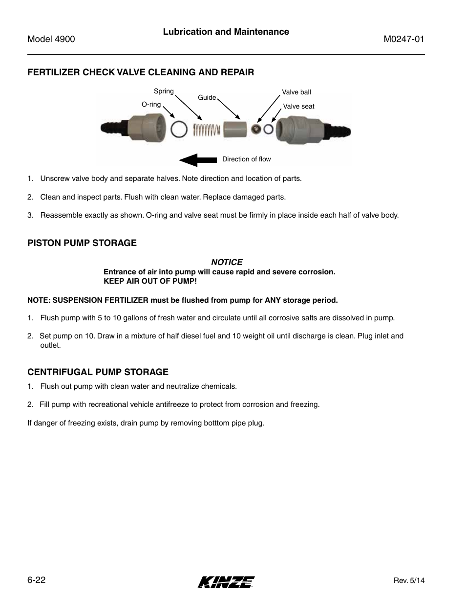 Fertilizer check valve cleaning and repair, Piston pump storage, Centrifugal pump storage | Fertilizer check valve cleaning and repair -22, Piston pump storage -22, Ifugal pump storage -22 | Kinze 4900 Front Folding Planter Rev. 5/14 User Manual | Page 104 / 132