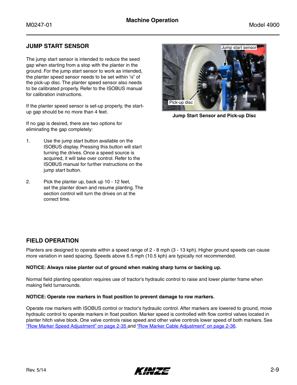 Jump start sensor, Field operation, Jump start sensor -9 | Field operation -9 | Kinze 4900 Front Folding Planter Rev. 5/14 User Manual | Page 21 / 132