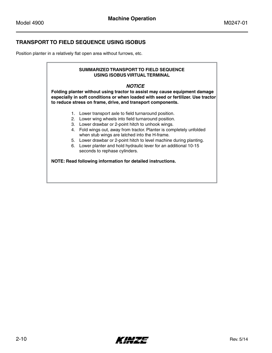 Transport to field sequence using isobus, Transport to field sequence using isobus -10 | Kinze 4900 Front Folding Planter Rev. 5/14 User Manual | Page 22 / 132