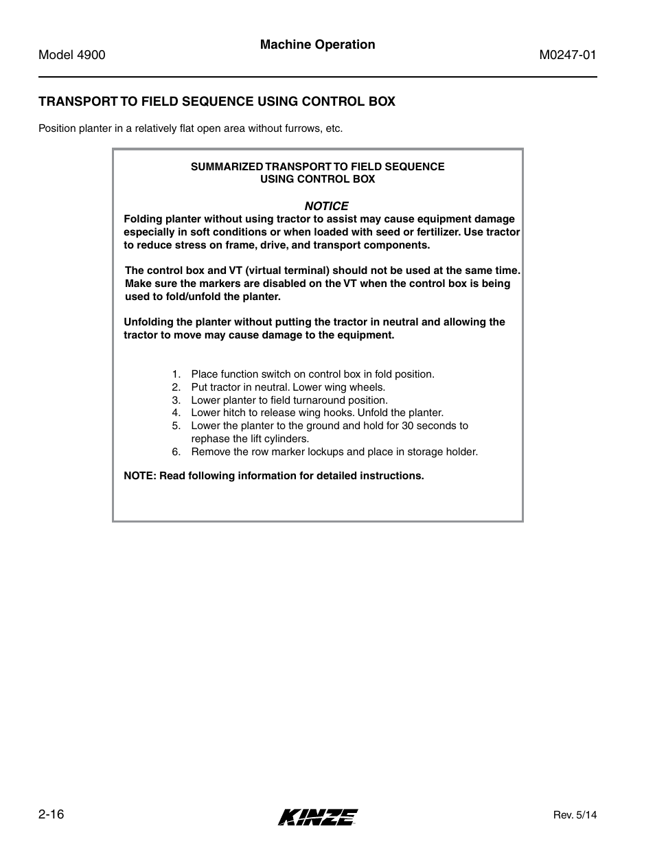 Transport to field sequence using control box | Kinze 4900 Front Folding Planter Rev. 5/14 User Manual | Page 28 / 132