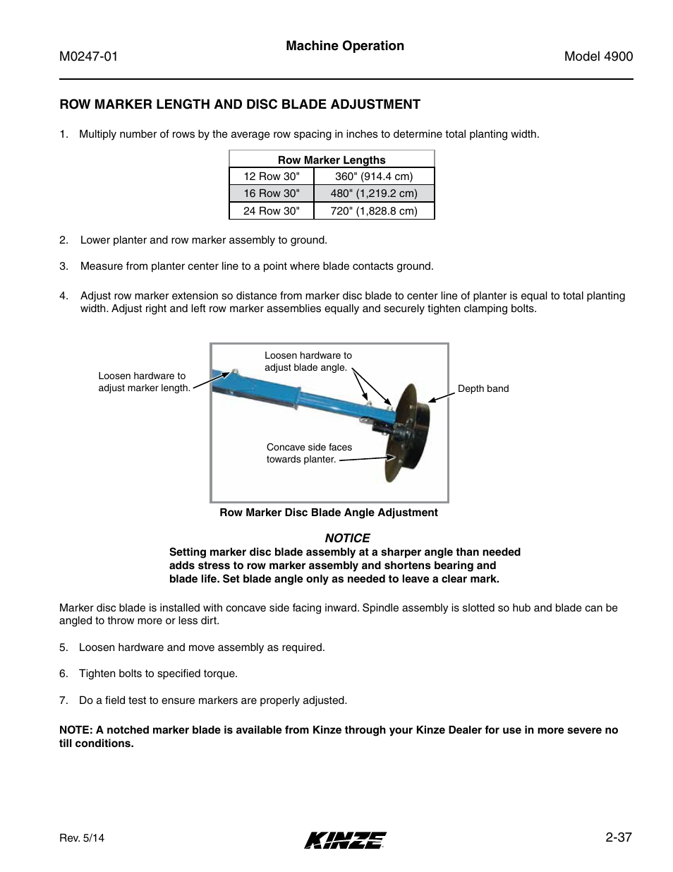 Row marker length and disc blade adjustment, Row marker length and disc blade adjustment -37 | Kinze 4900 Front Folding Planter Rev. 5/14 User Manual | Page 49 / 132