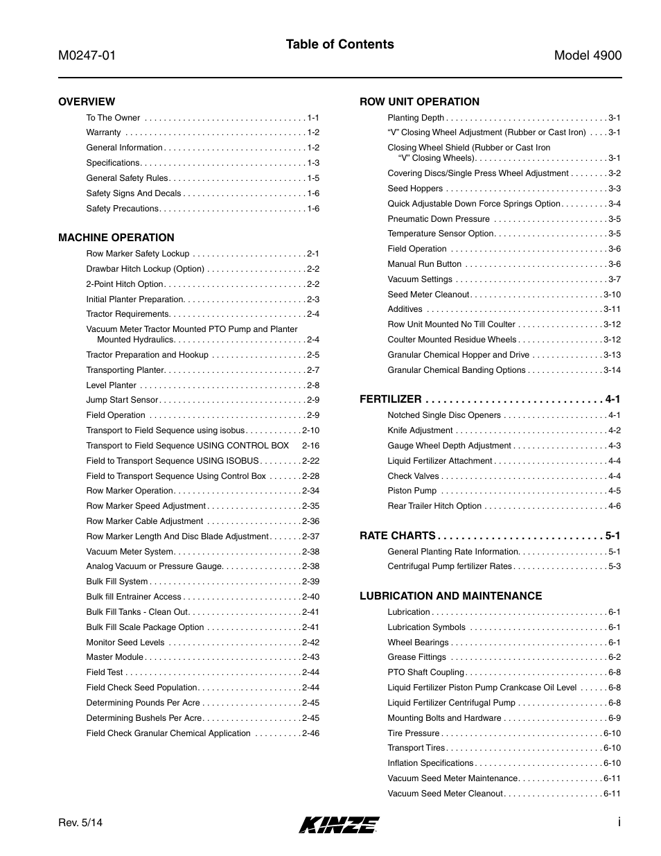 Kinze 4900 Front Folding Planter Rev. 5/14 User Manual | Page 5 / 132