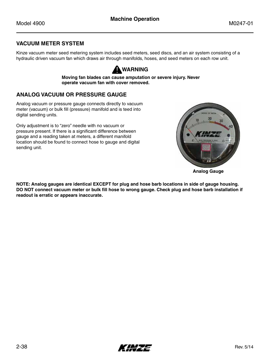 Vacuum meter system, Analog vacuum or pressure gauge, Vacuum meter system -38 | Analog vacuum or pressure gauge -38 | Kinze 4900 Front Folding Planter Rev. 5/14 User Manual | Page 50 / 132