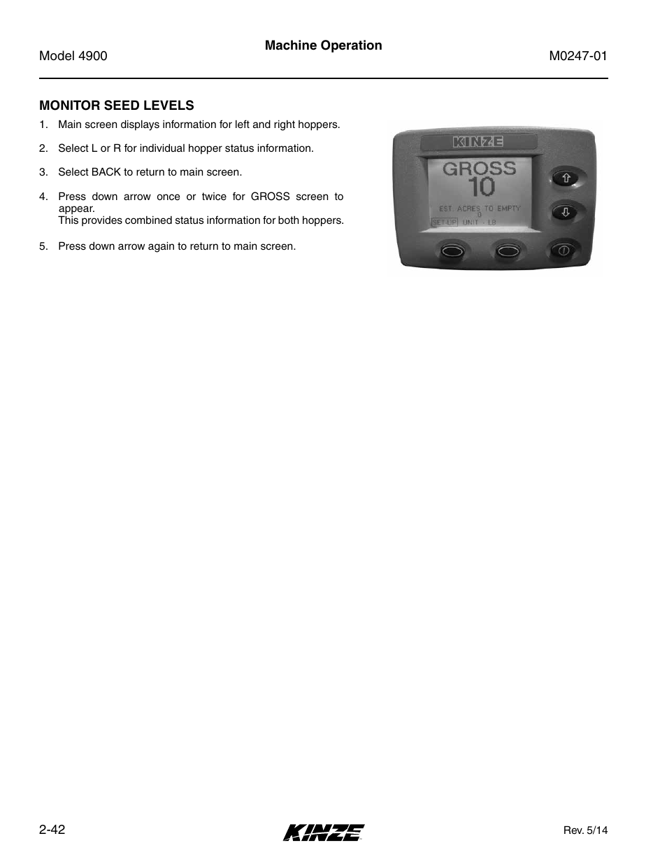 Monitor seed levels, Monitor seed levels -42 | Kinze 4900 Front Folding Planter Rev. 5/14 User Manual | Page 54 / 132