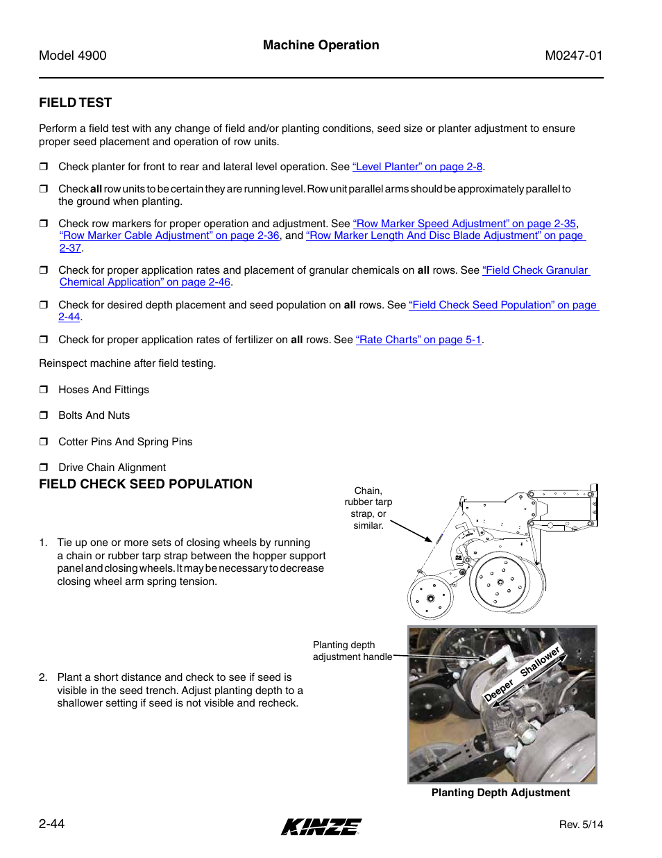 Field test, Field check seed population, Field test -44 | Field check seed population -44 | Kinze 4900 Front Folding Planter Rev. 5/14 User Manual | Page 56 / 132