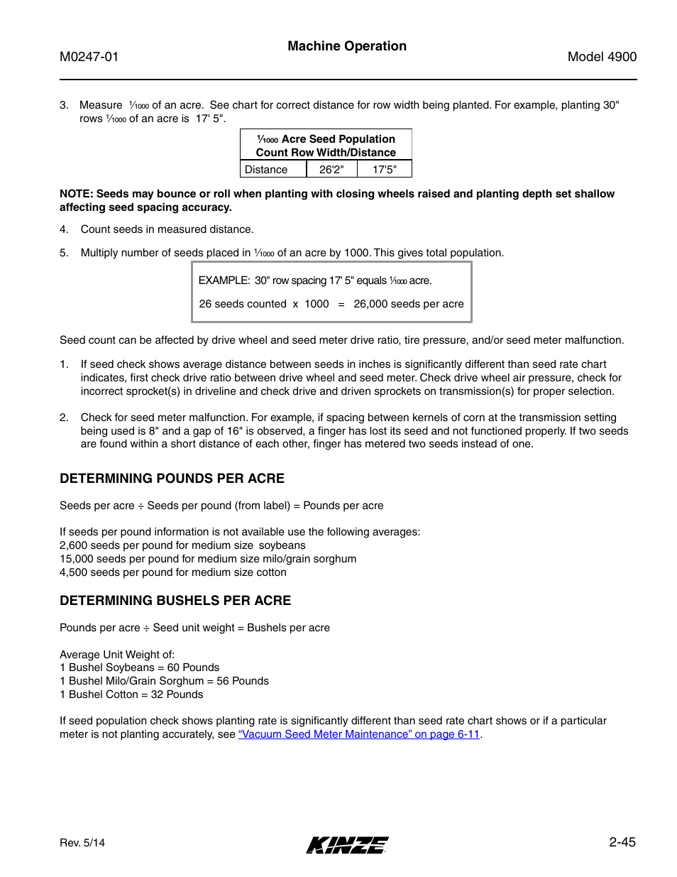 Determining pounds per acre, Determining bushels per acre, Determining pounds per acre -45 | Determining bushels per acre -45 | Kinze 4900 Front Folding Planter Rev. 5/14 User Manual | Page 57 / 132