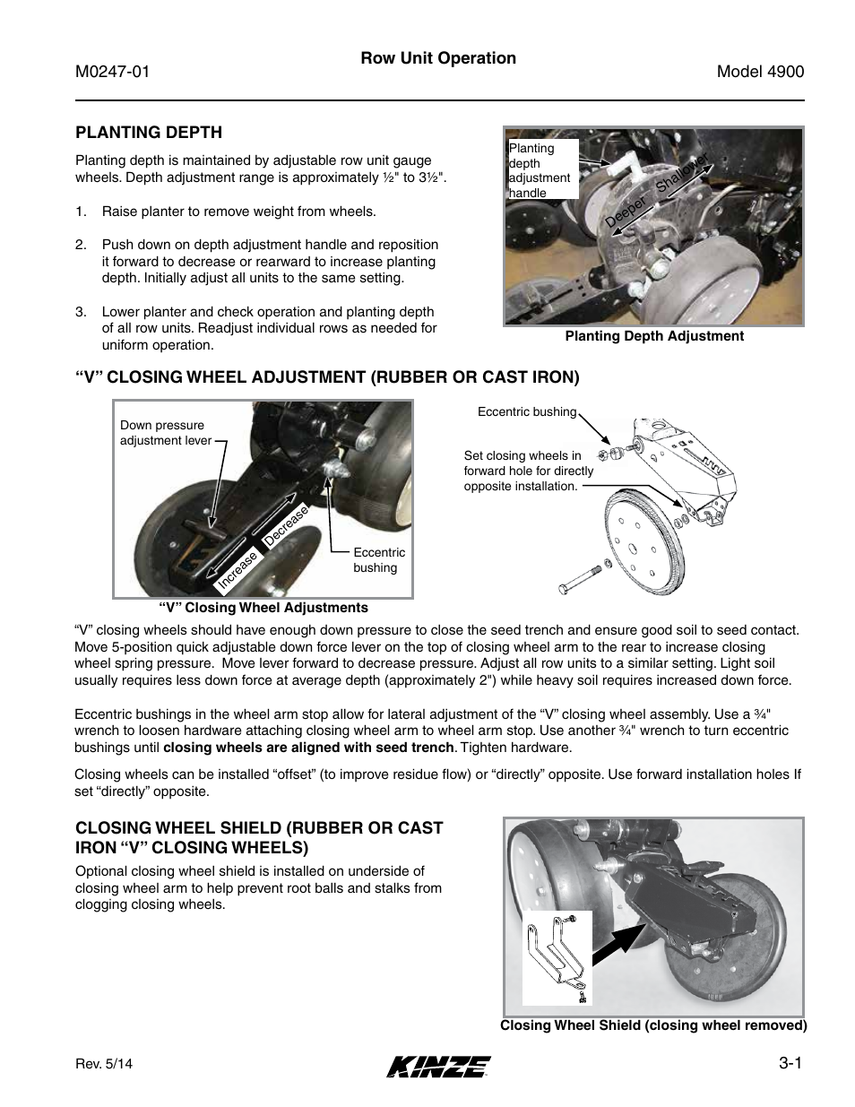 Row unit operation, Planting depth, V” closing wheel adjustment (rubber or cast iron) | Planting depth -1 | Kinze 4900 Front Folding Planter Rev. 5/14 User Manual | Page 59 / 132