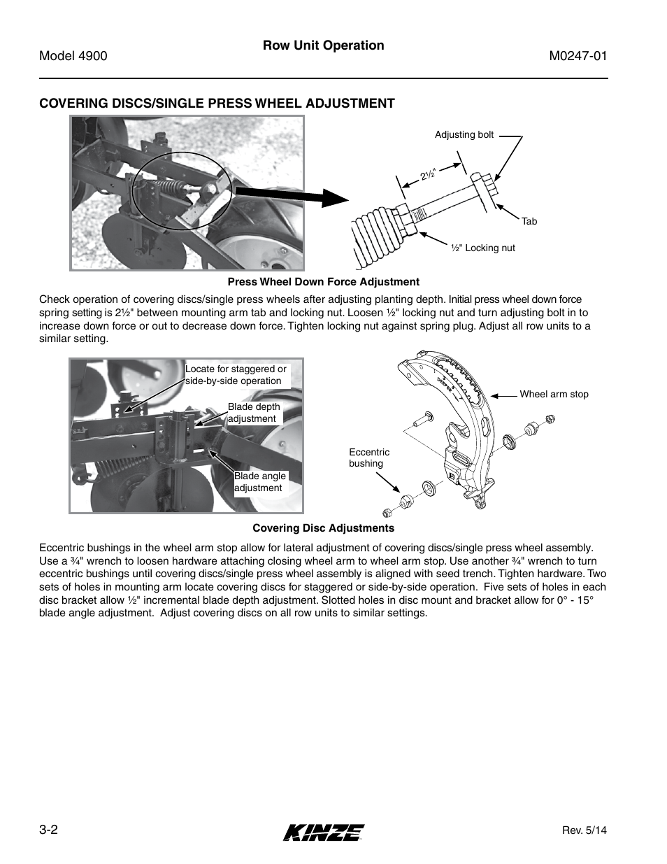 Covering discs/single press wheel adjustment, Covering discs/single press wheel adjustment -2 | Kinze 4900 Front Folding Planter Rev. 5/14 User Manual | Page 60 / 132