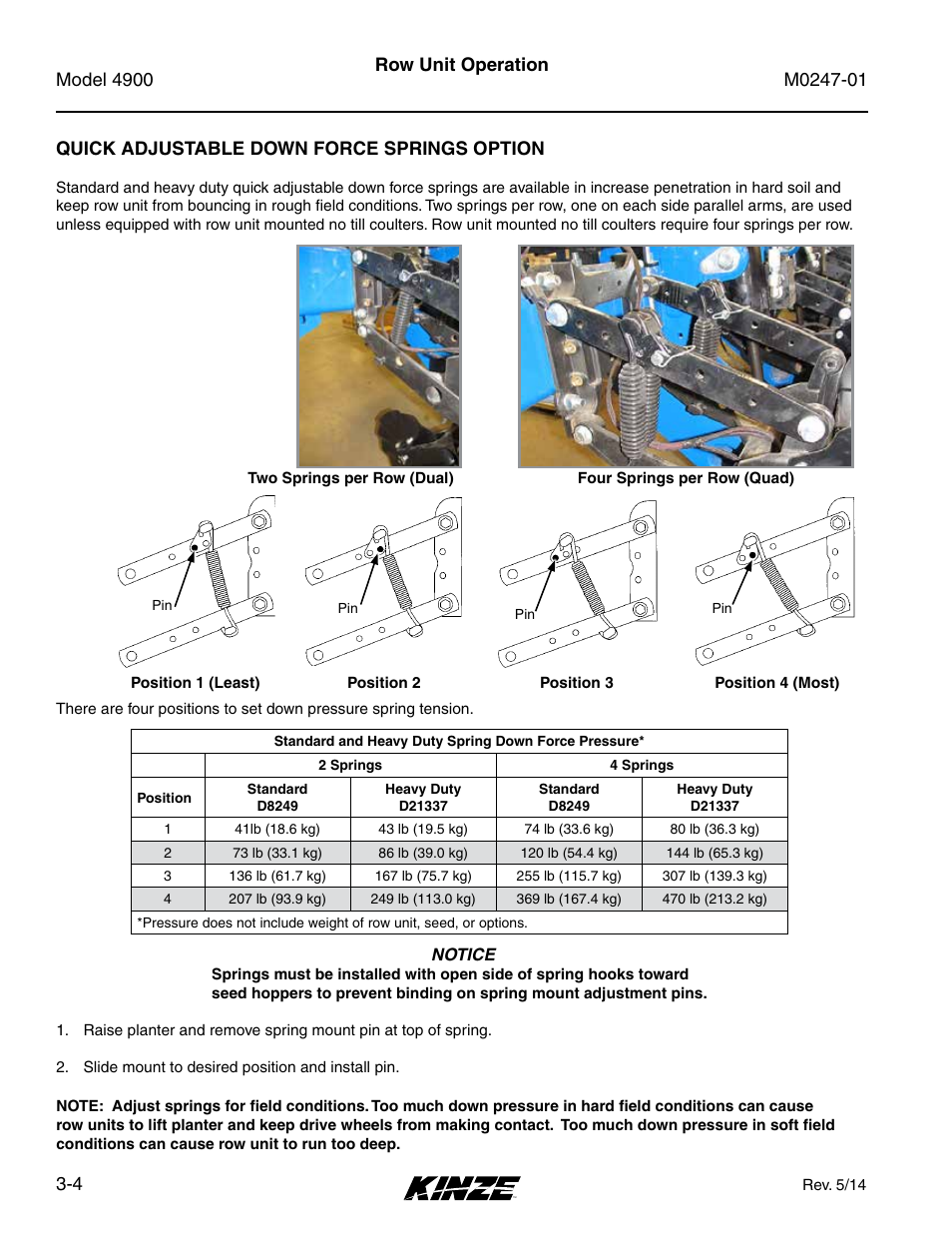 Quick adjustable down force springs option, Quick adjustable down force springs option -4, Row unit operation 3-4 | Kinze 4900 Front Folding Planter Rev. 5/14 User Manual | Page 62 / 132