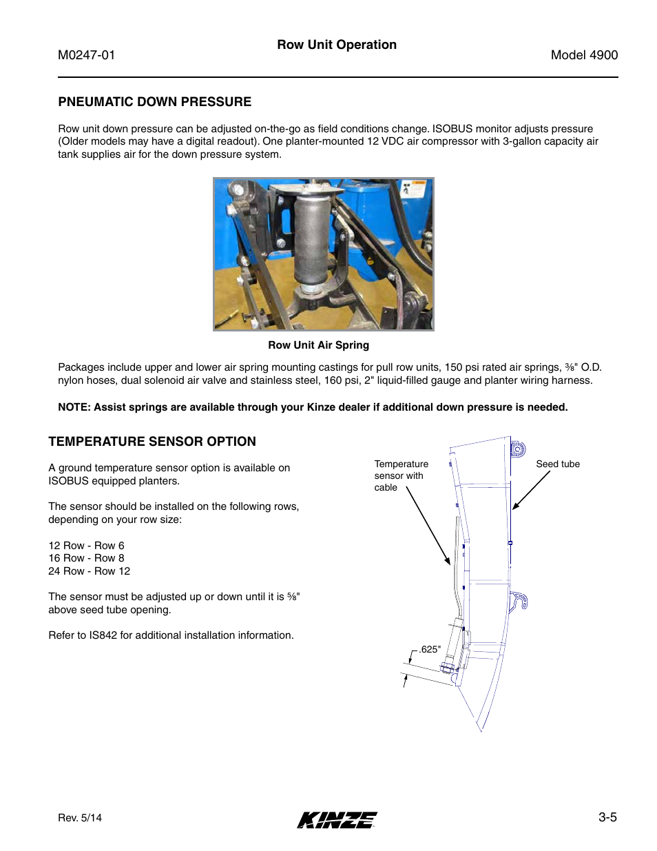 Pneumatic down pressure, Temperature sensor option, Pneumatic down pressure -5 | Temperature sensor option -5 | Kinze 4900 Front Folding Planter Rev. 5/14 User Manual | Page 63 / 132