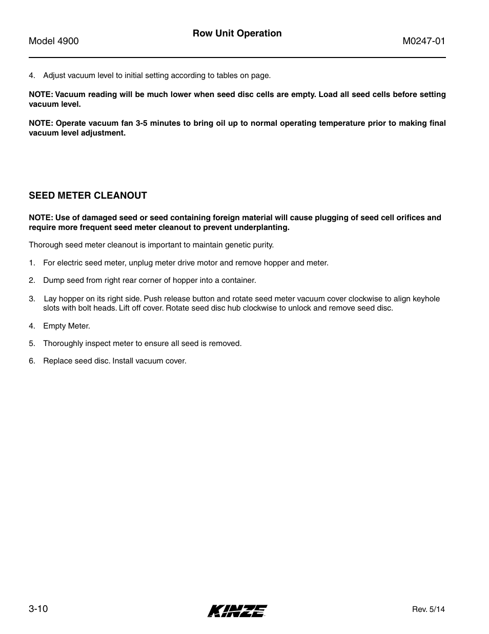 Seed meter cleanout, Seed meter cleanout -10 | Kinze 4900 Front Folding Planter Rev. 5/14 User Manual | Page 68 / 132
