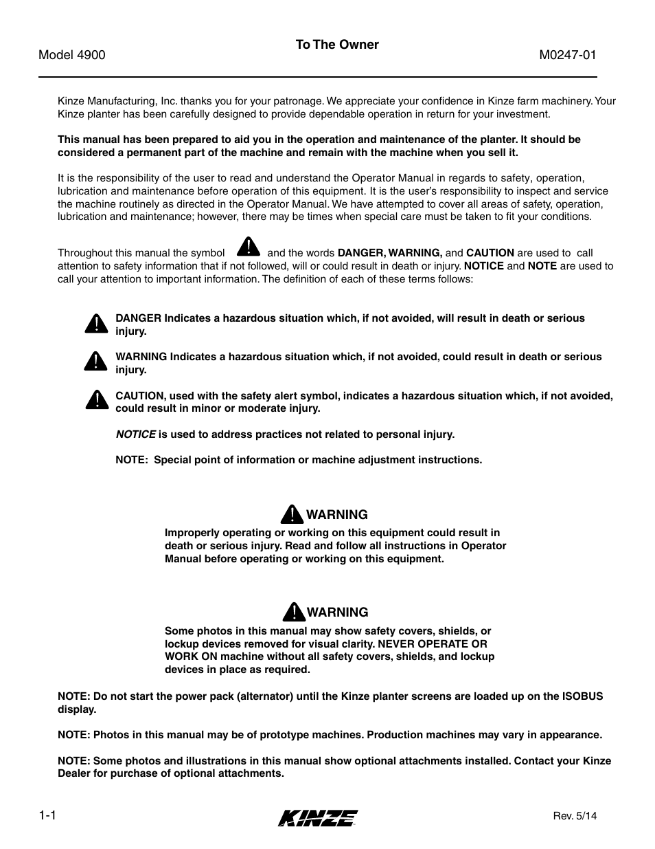 Overview, To the owner, To the owner -1 | Kinze 4900 Front Folding Planter Rev. 5/14 User Manual | Page 7 / 132