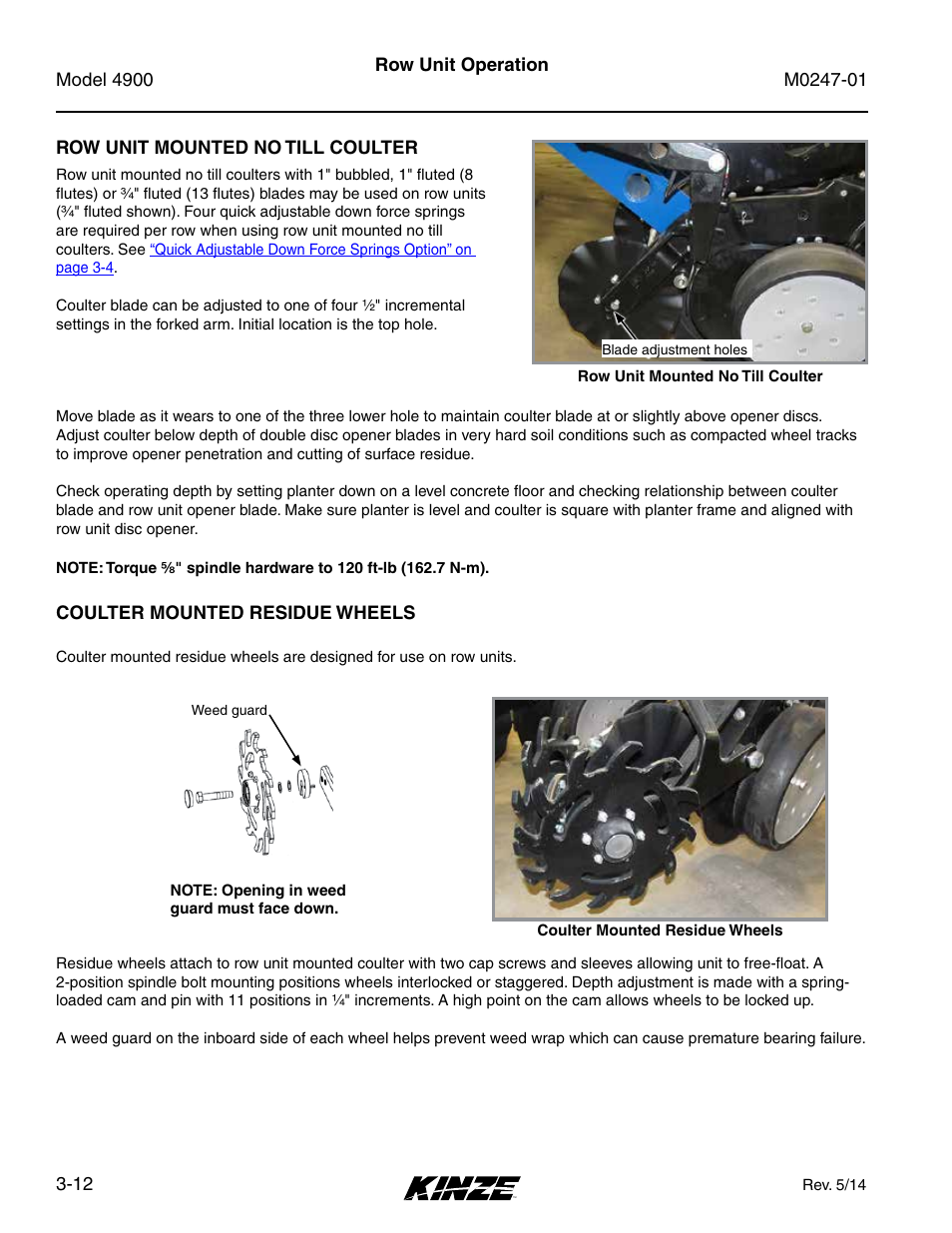 Row unit mounted no till coulter, Coulter mounted residue wheels, Row unit mounted no till coulter -12 | Coulter mounted residue wheels -12 | Kinze 4900 Front Folding Planter Rev. 5/14 User Manual | Page 70 / 132