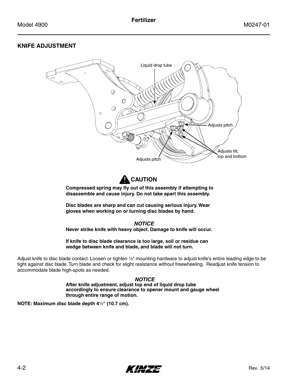 Knife adjustment, Knife adjustment -2 | Kinze 4900 Front Folding Planter Rev. 5/14 User Manual | Page 74 / 132