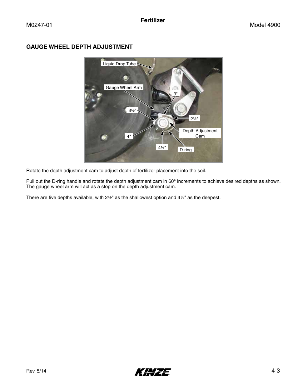 Gauge wheel depth adjustment, Gauge wheel depth adjustment -3 | Kinze 4900 Front Folding Planter Rev. 5/14 User Manual | Page 75 / 132