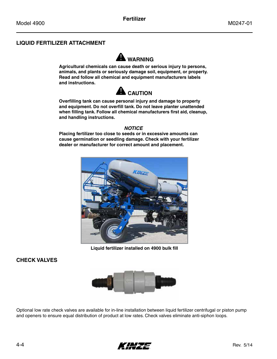 Liquid fertilizer attachment, Check valves, Liquid fertilizer attachment -4 | Check valves -4 | Kinze 4900 Front Folding Planter Rev. 5/14 User Manual | Page 76 / 132