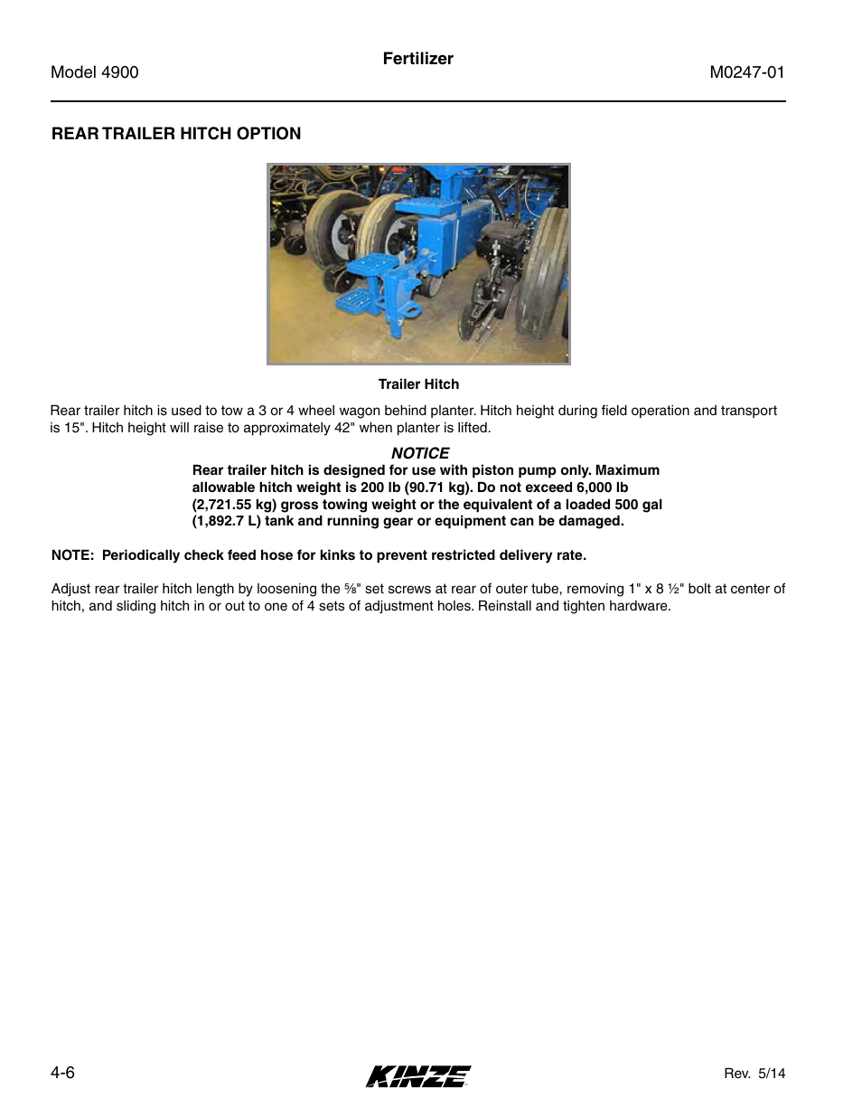 Rear trailer hitch option, Rear trailer hitch option -6 | Kinze 4900 Front Folding Planter Rev. 5/14 User Manual | Page 78 / 132
