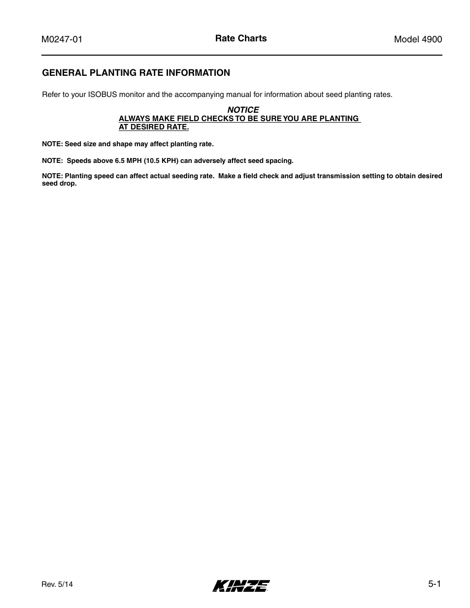Rate charts, General planting rate information, Rate charts -1 | General planting rate information -1 | Kinze 4900 Front Folding Planter Rev. 5/14 User Manual | Page 79 / 132