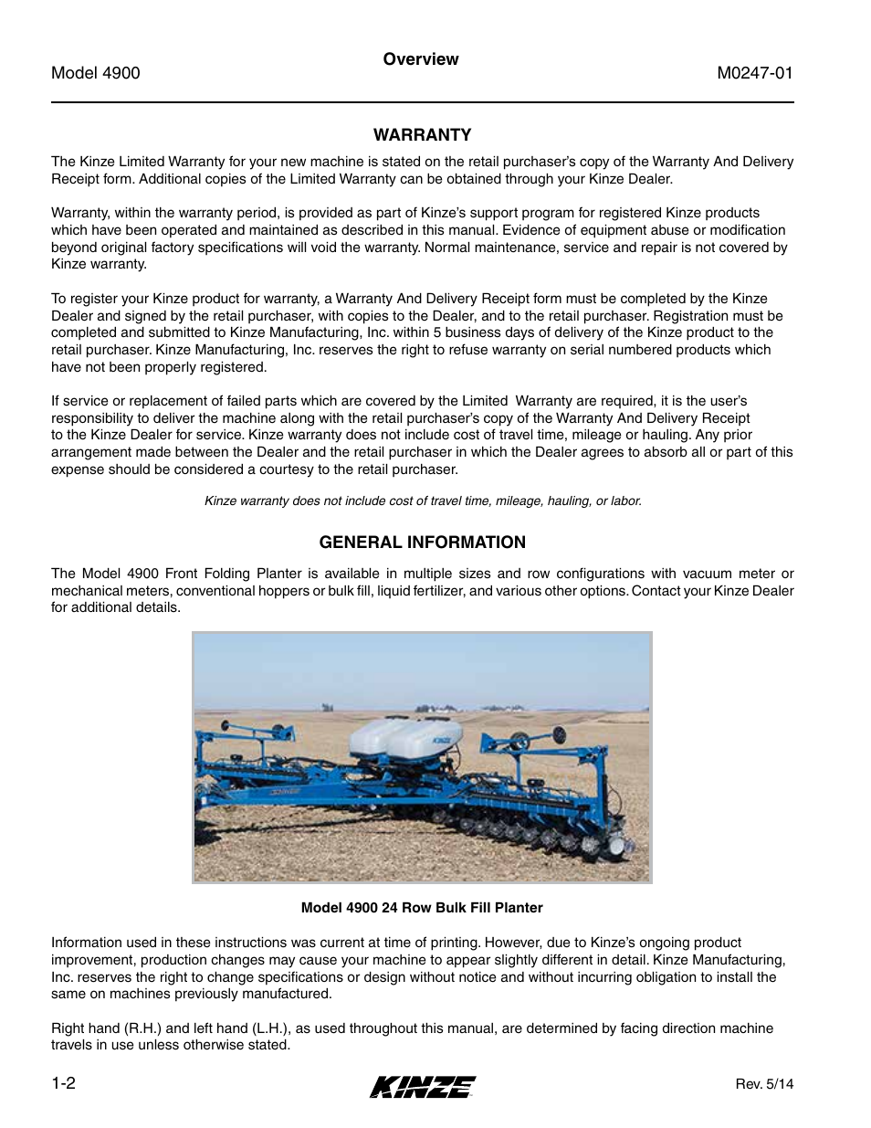 Warranty, General information, Warranty -2 | General information -2 | Kinze 4900 Front Folding Planter Rev. 5/14 User Manual | Page 8 / 132