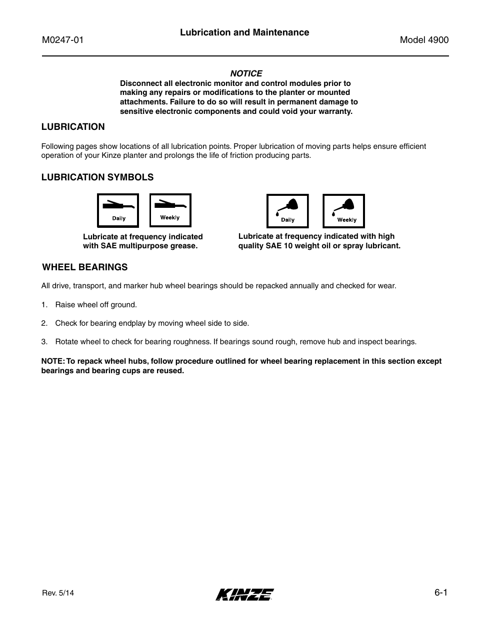 Lubrication and maintenance, Lubrication, Lubrication symbols | Wheel bearings, Lubrication -1, Lubrication symbols -1, Wheel bearings -1 | Kinze 4900 Front Folding Planter Rev. 5/14 User Manual | Page 83 / 132