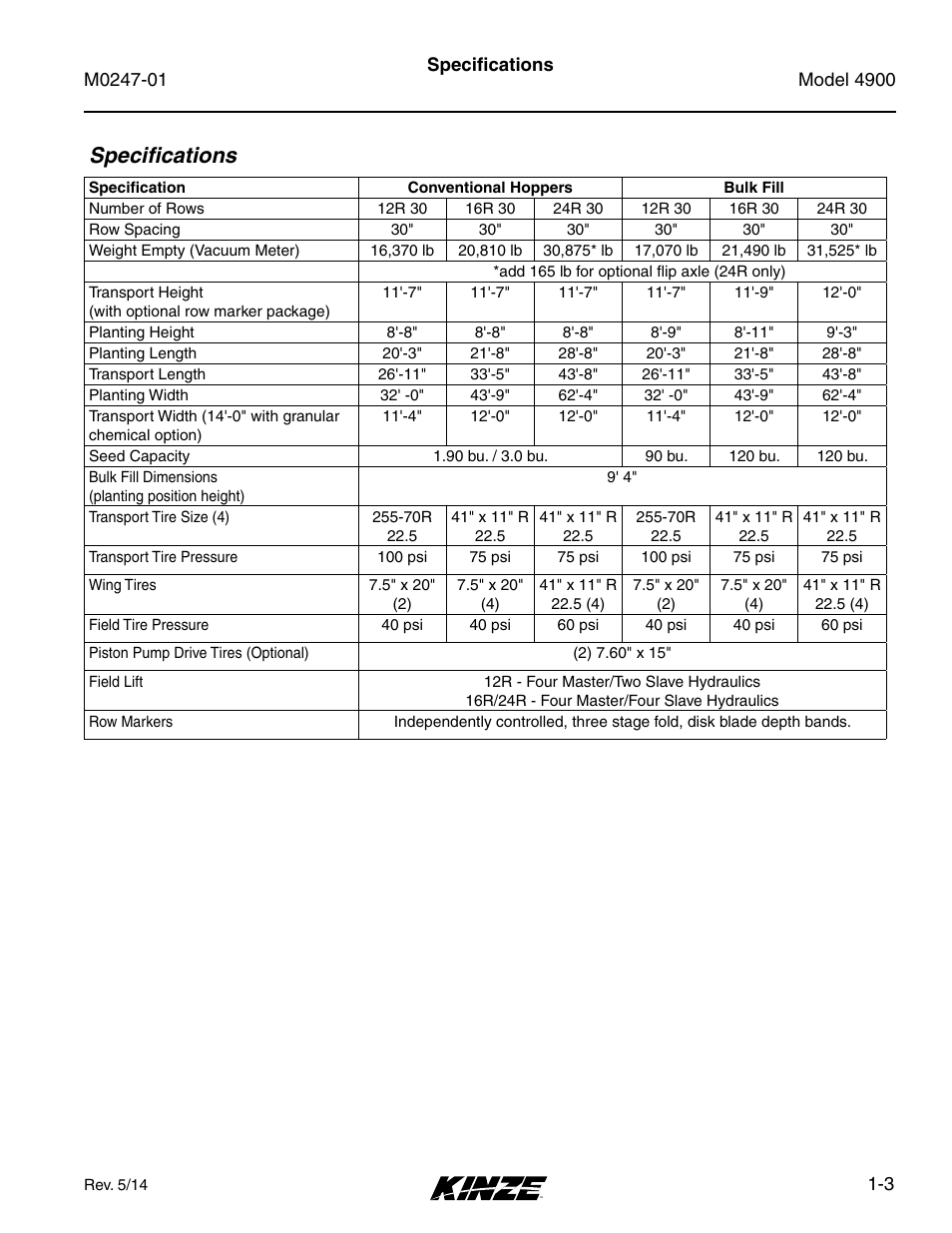 Specifications, Specifications -3 | Kinze 4900 Front Folding Planter Rev. 5/14 User Manual | Page 9 / 132