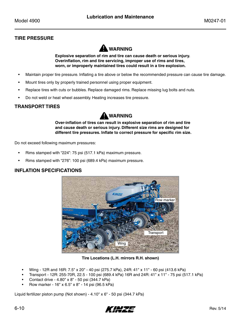 Tire pressure, Transport tires, Inflation specifications | Tire pressure -10, Transport tires -10, Inflation specifications -10 | Kinze 4900 Front Folding Planter Rev. 5/14 User Manual | Page 92 / 132