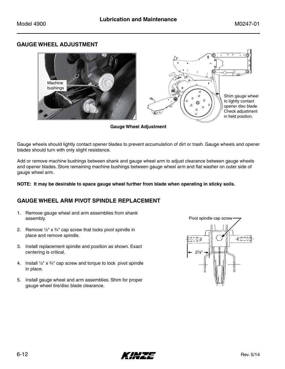 Gauge wheel adjustment, Gauge wheel arm pivot spindle replacement, Gauge wheel adjustment -12 | Gauge wheel arm pivot spindle replacement -12 | Kinze 4900 Front Folding Planter Rev. 5/14 User Manual | Page 94 / 132
