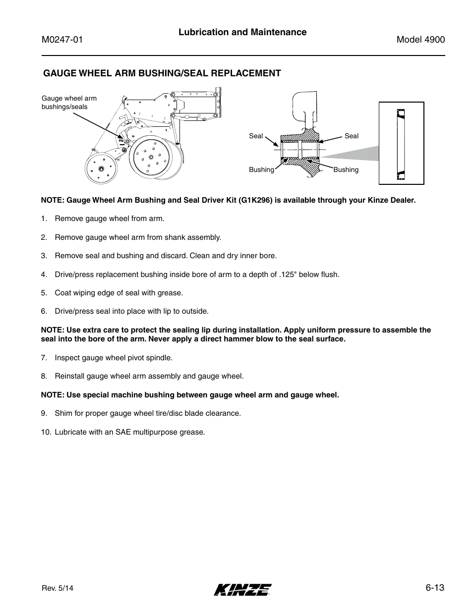 Gauge wheel arm bushing/seal replacement, Gauge wheel arm bushing/seal replacement -13 | Kinze 4900 Front Folding Planter Rev. 5/14 User Manual | Page 95 / 132