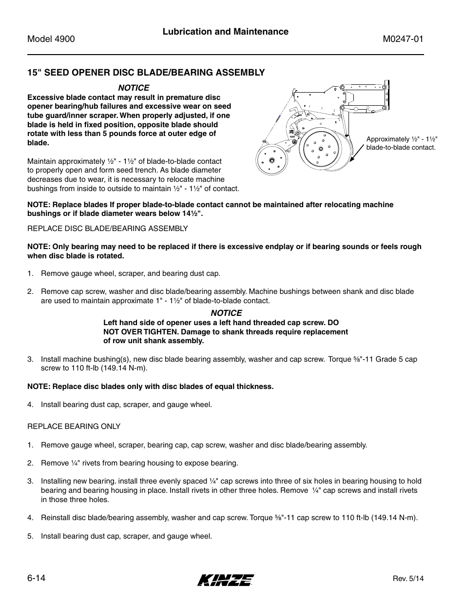 15" seed opener disc blade/bearing assembly, 15" seed opener disc blade/bearing assembly -14 | Kinze 4900 Front Folding Planter Rev. 5/14 User Manual | Page 96 / 132
