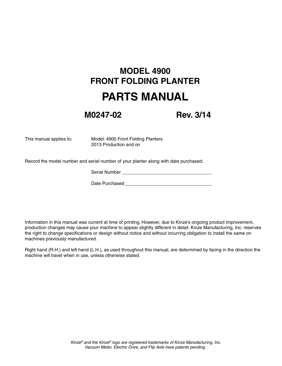 Kinze 4900 Front Folding Planter Rev. 3/14 User Manual | 280 pages