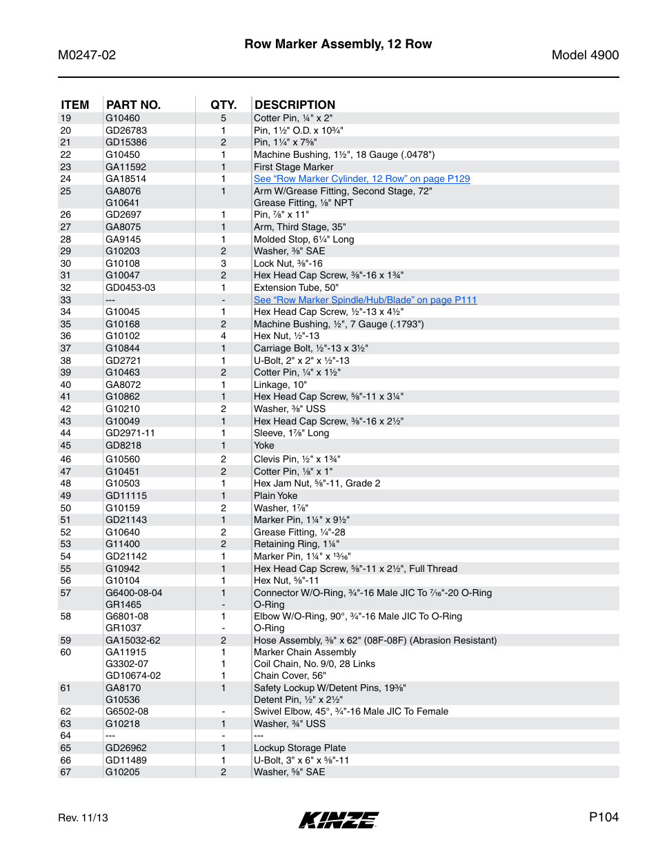 Row marker assembly, 12 row, P104 | Kinze 4900 Front Folding Planter Rev. 3/14 User Manual | Page 107 / 280