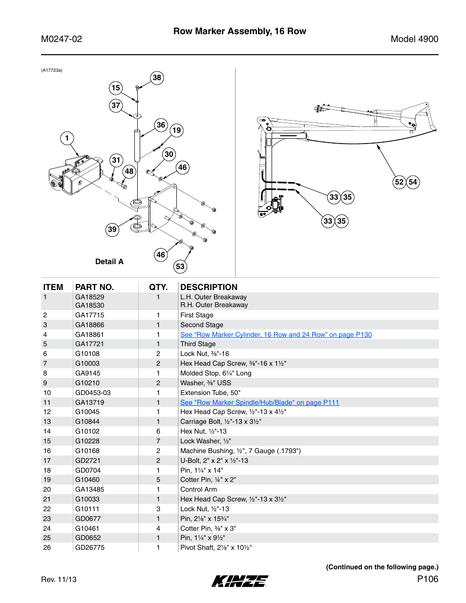 Row marker assembly, 16 row, P106 | Kinze 4900 Front Folding Planter Rev. 3/14 User Manual | Page 109 / 280