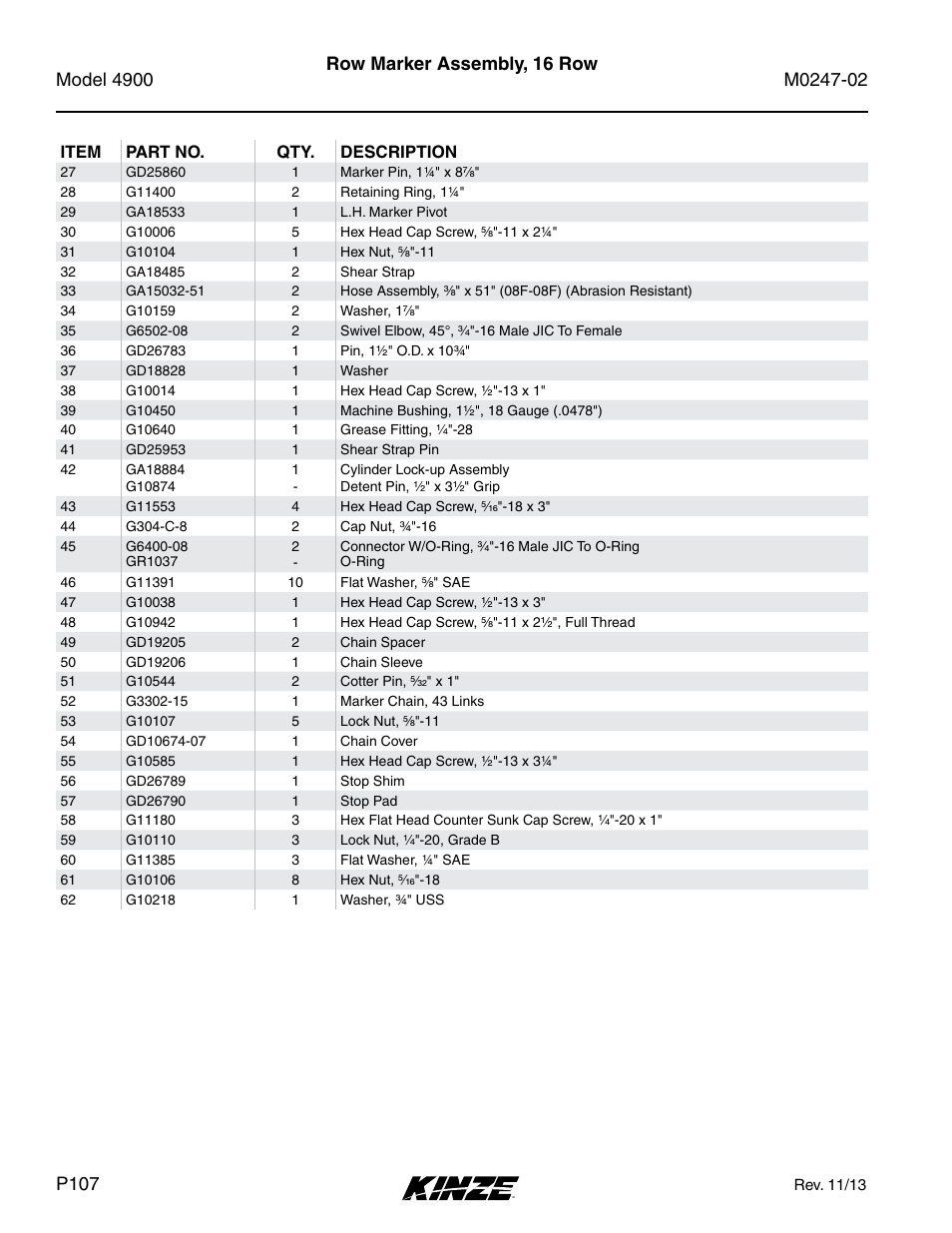 Row marker assembly, 16 row | Kinze 4900 Front Folding Planter Rev. 3/14 User Manual | Page 110 / 280