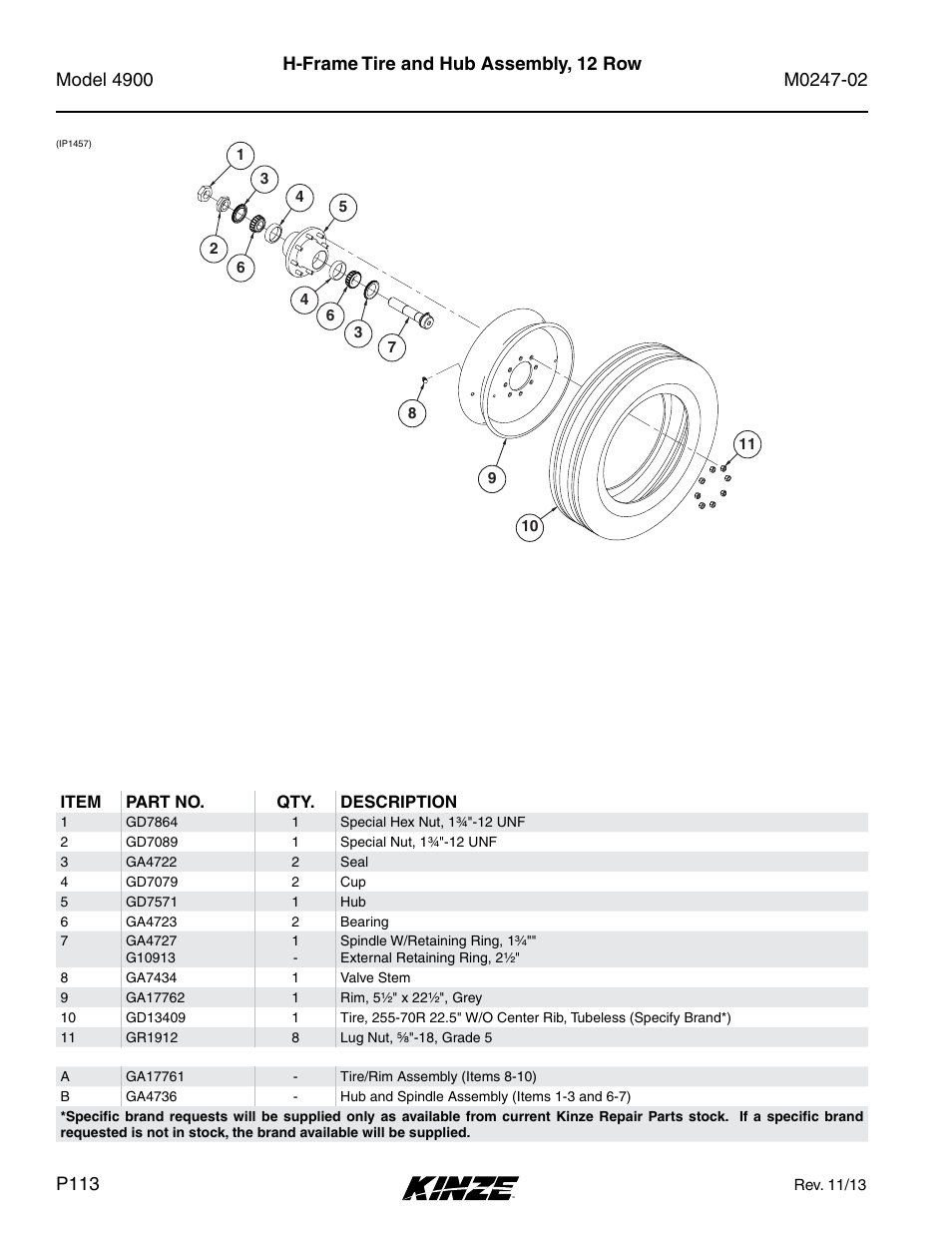 H-frame tire and hub assembly, 12 row | Kinze 4900 Front Folding Planter Rev. 3/14 User Manual | Page 116 / 280