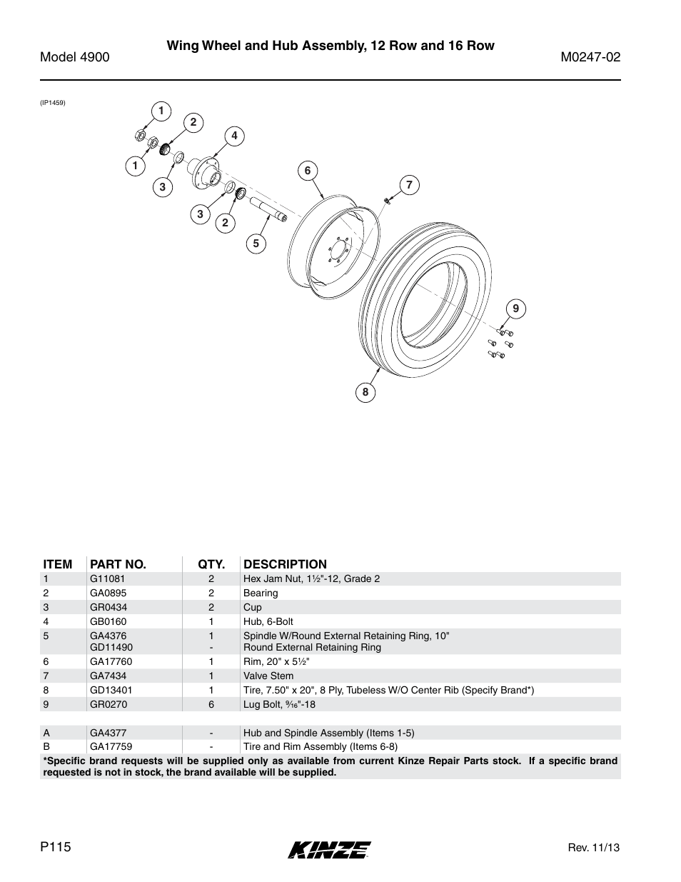 Wing wheel and hub assembly, 12 row and 16 row | Kinze 4900 Front Folding Planter Rev. 3/14 User Manual | Page 118 / 280