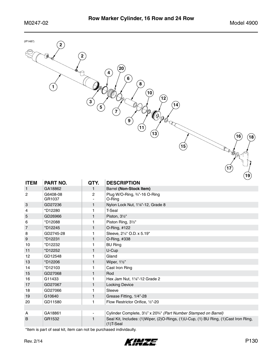 Row marker cylinder, 16 row and 24 row, P130 | Kinze 4900 Front Folding Planter Rev. 3/14 User Manual | Page 133 / 280