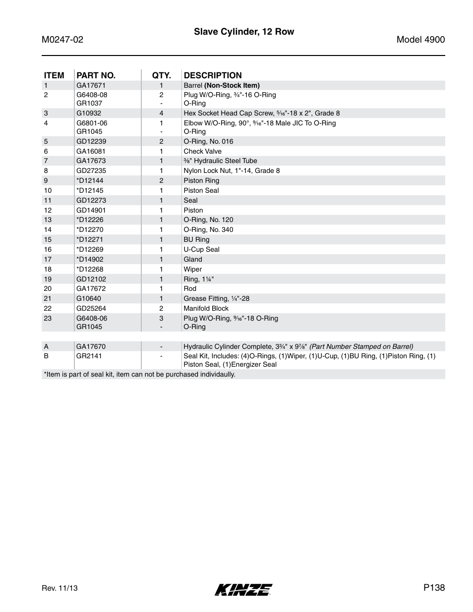 Slave cylinder, 12 row, P138 | Kinze 4900 Front Folding Planter Rev. 3/14 User Manual | Page 141 / 280